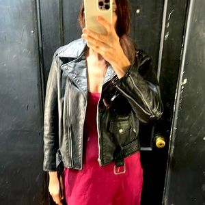 VTG Black Leather Motorcycle Jacket, SZ S